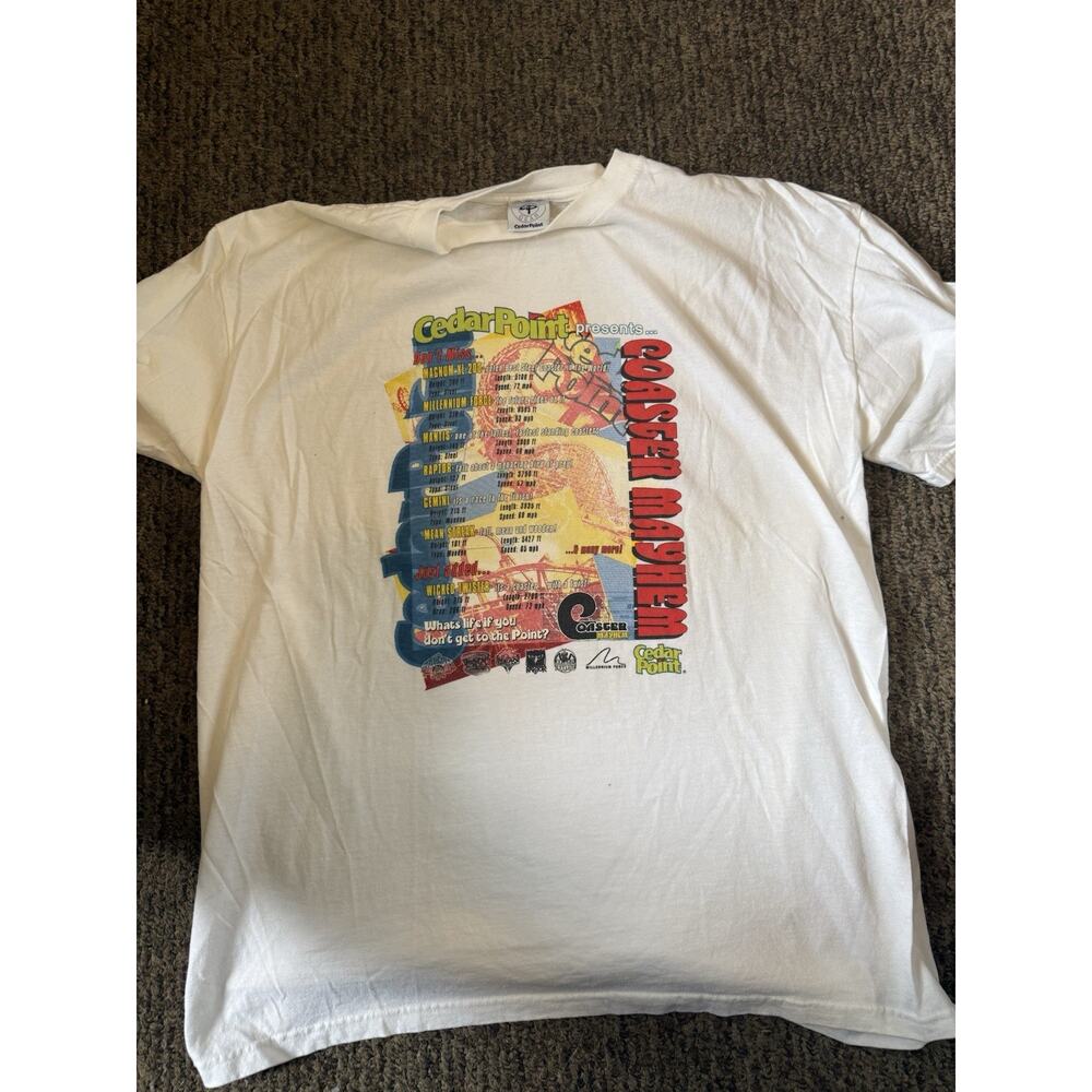 Vintage 2002 Cedar Point Coaster Mayhem T-Shirt 2XL Roller Coaster Graphic Tee